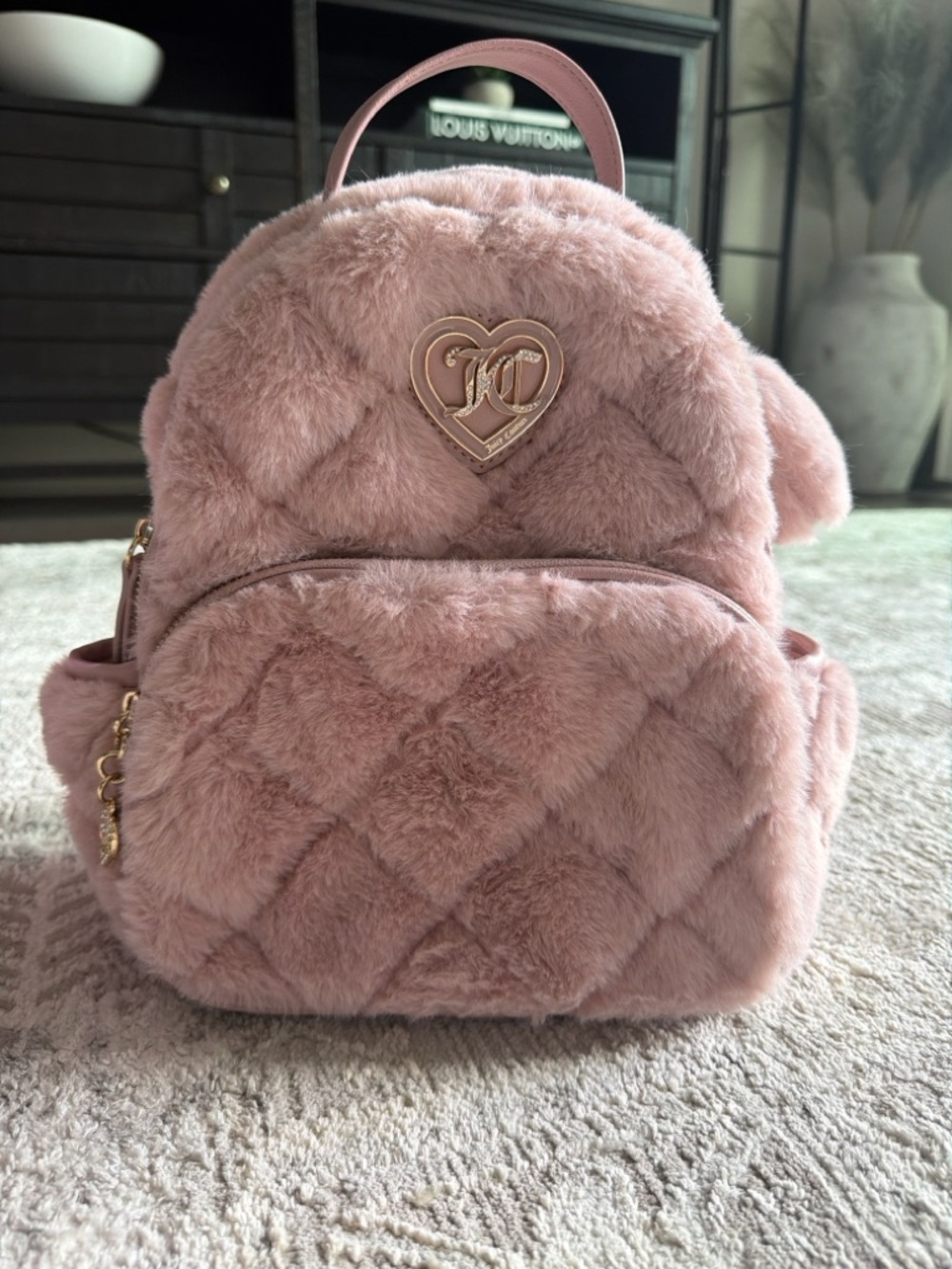 Juicy Couture Pink Faux Fur Mini Backpack | Heart Logo | Y2K